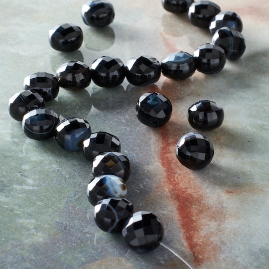Black Faceted Agate Round Coin Beads by Bead Landing™